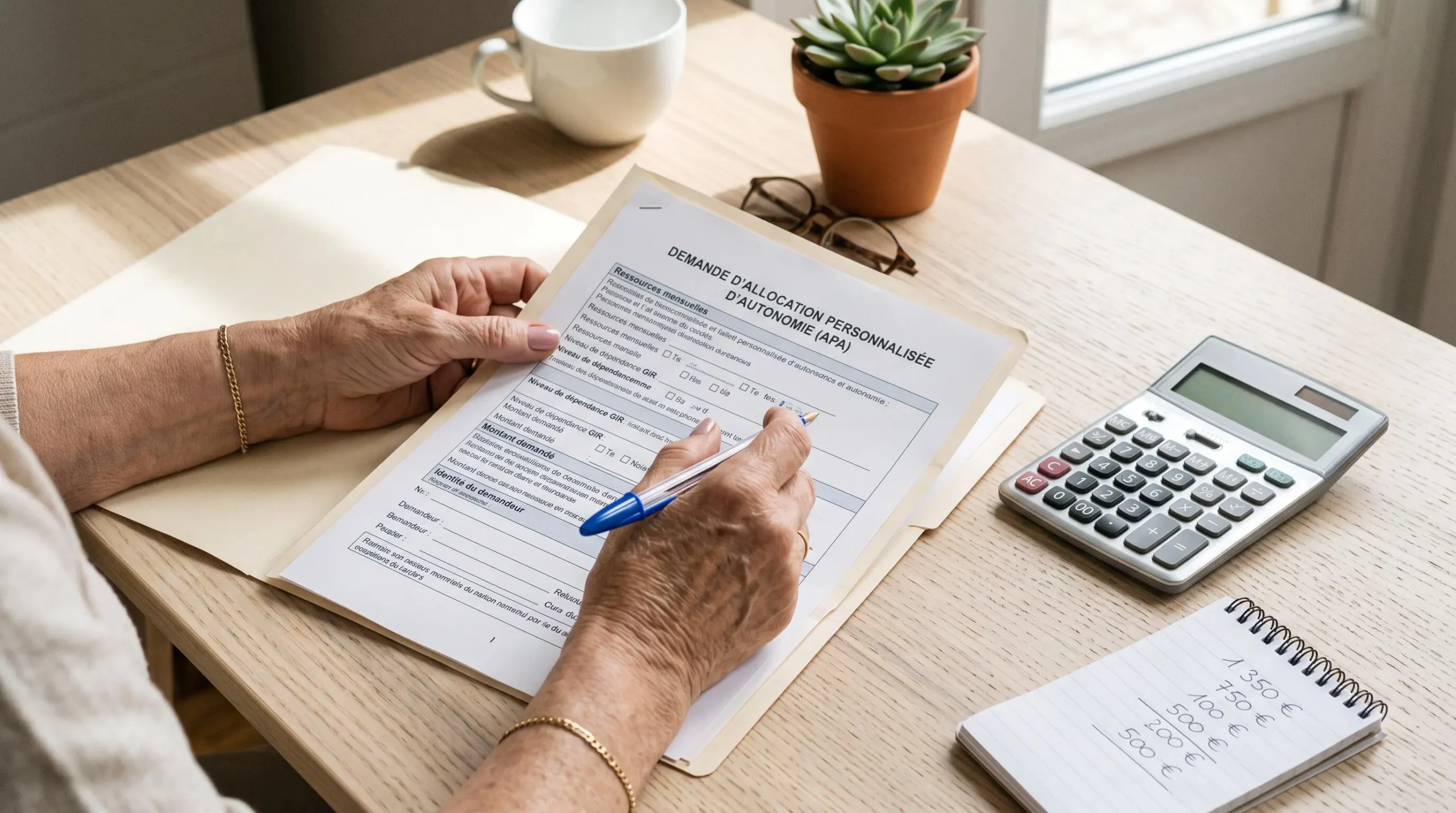 Vue du dessus d'un bureau avec formulaire de demande APA, calculatrice et notes budgétaires en euros, mains d'une personne senior complétant le dossier