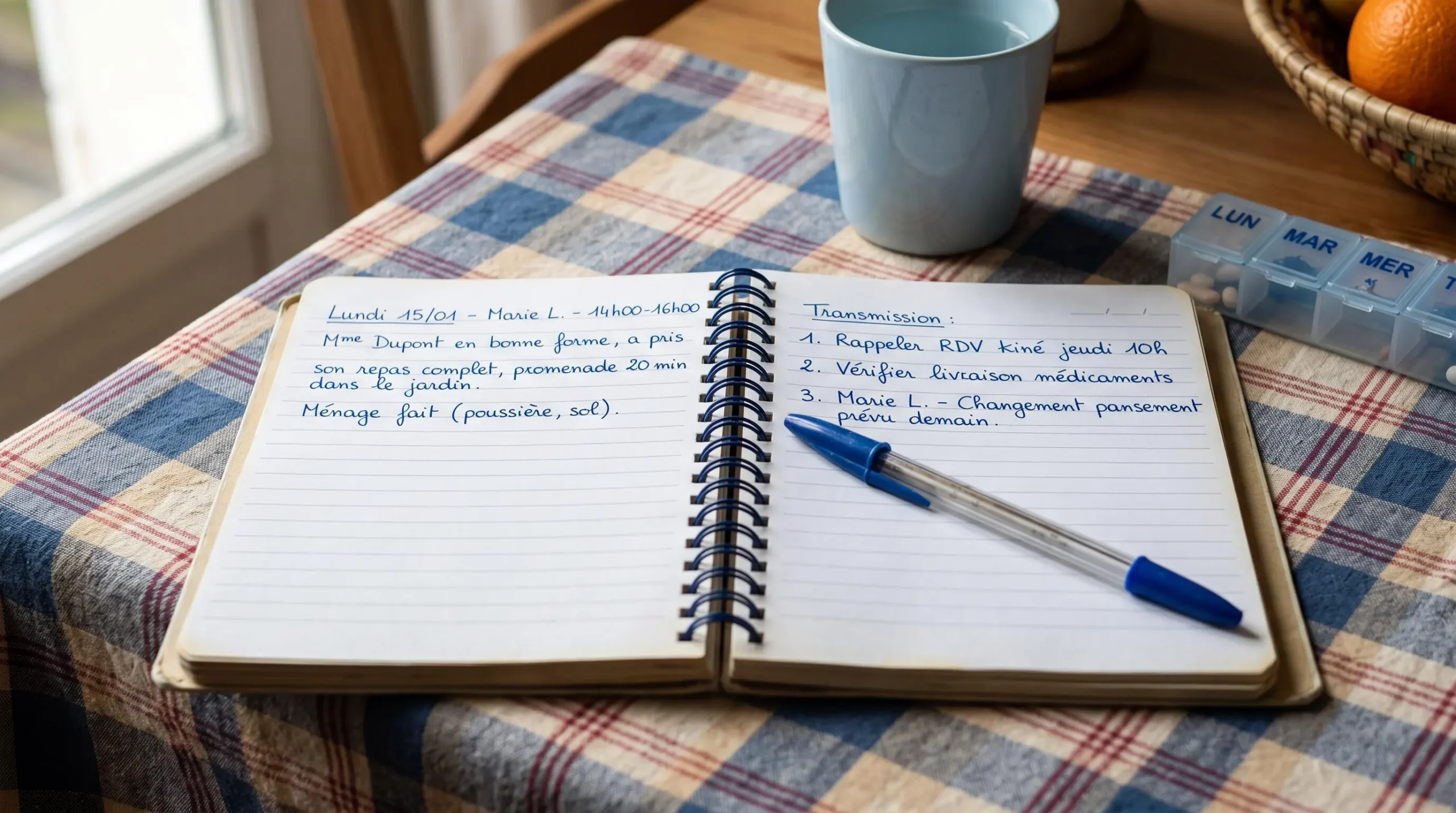 Cahier de liaison ouvert montrant des notes manuscrites en français de transmission entre intervenants à domicile, avec dates et observations quotidiennes