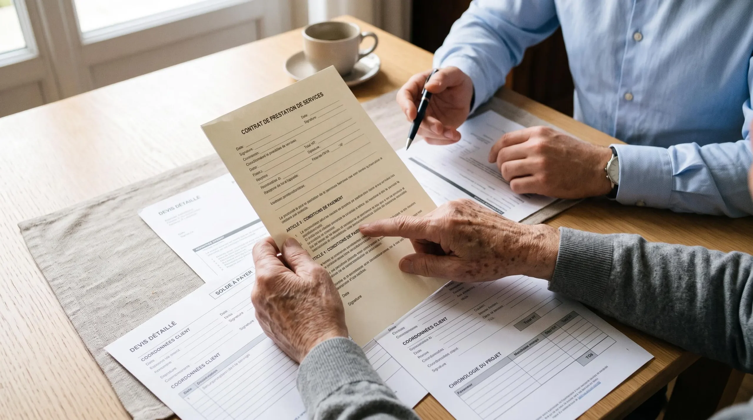 Mains d'une personne âgée et d'un conseiller consultant des documents contractuels de services à domicile sur une table, avec formulaires en français