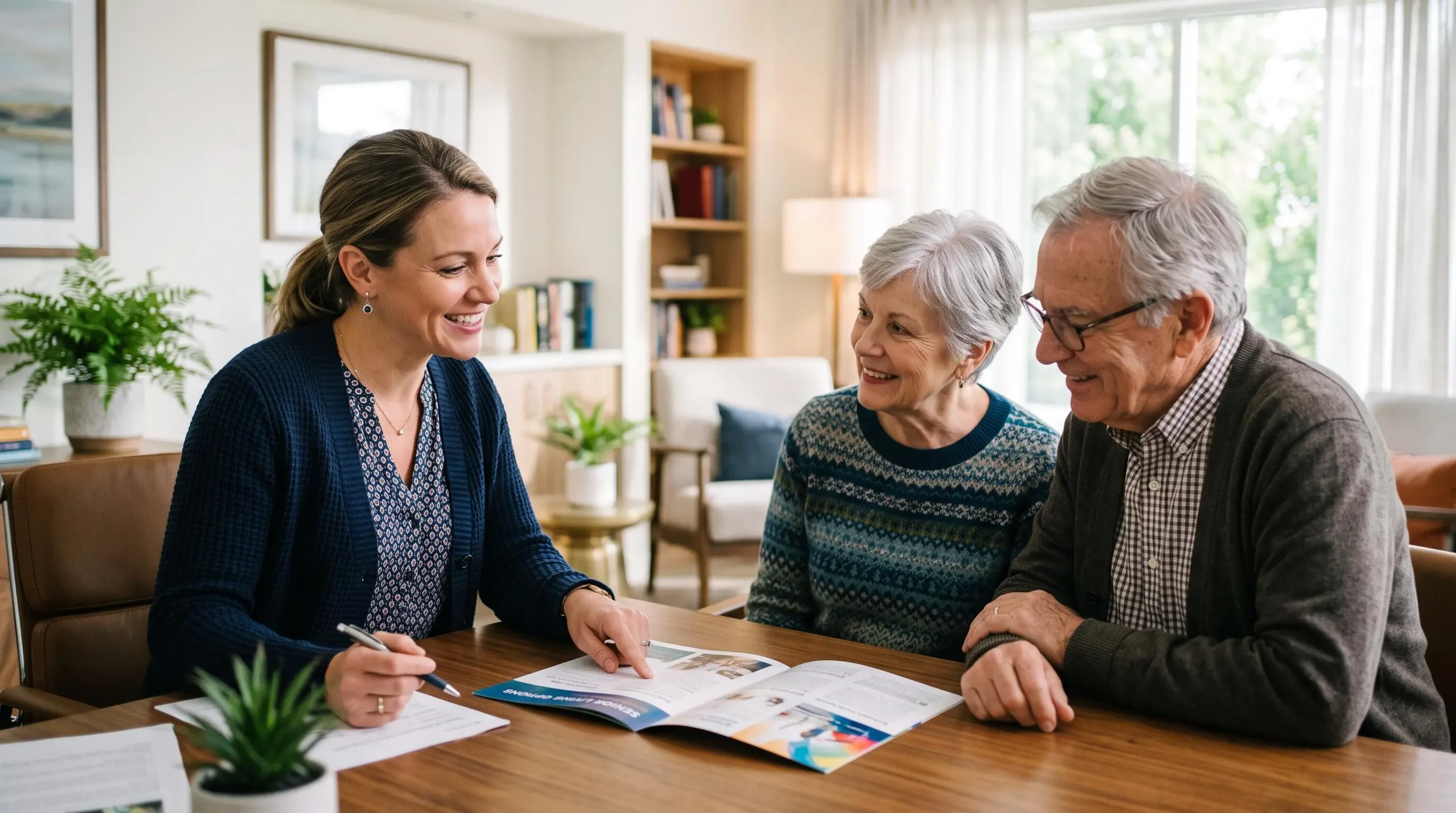 Une conseillère de résidence senior accueille un couple de seniors dans le bureau de réception pour discuter des conditions d'admission et présenter l'établissement