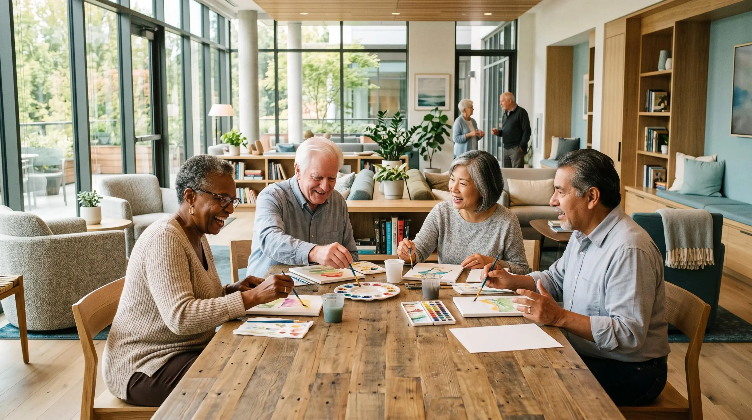 Un groupe de seniors participe à une activité créative dans le salon commun lumineux et moderne d'une résidence senior, créant du lien social