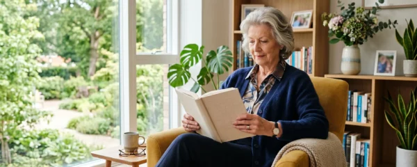 Une senior autonome installée confortablement dans le salon lumineux de son appartement en résidence senior, lisant près d'une fenêtre donnant sur un jardin