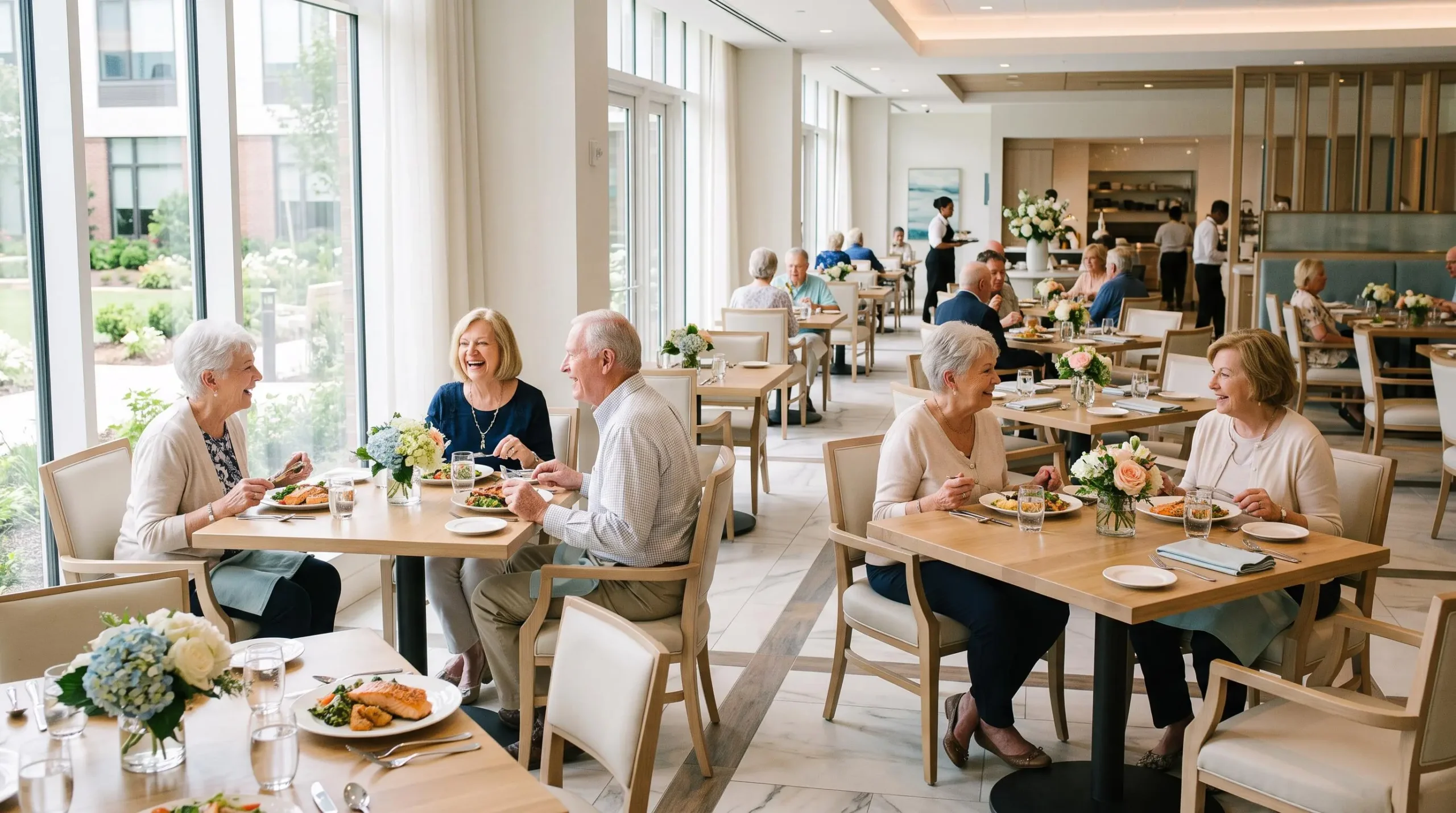 Plusieurs seniors déjeunent dans la salle de restaurant lumineuse et moderne de leur résidence, profitant d'un moment convivial et d'un service de restauration de qualité